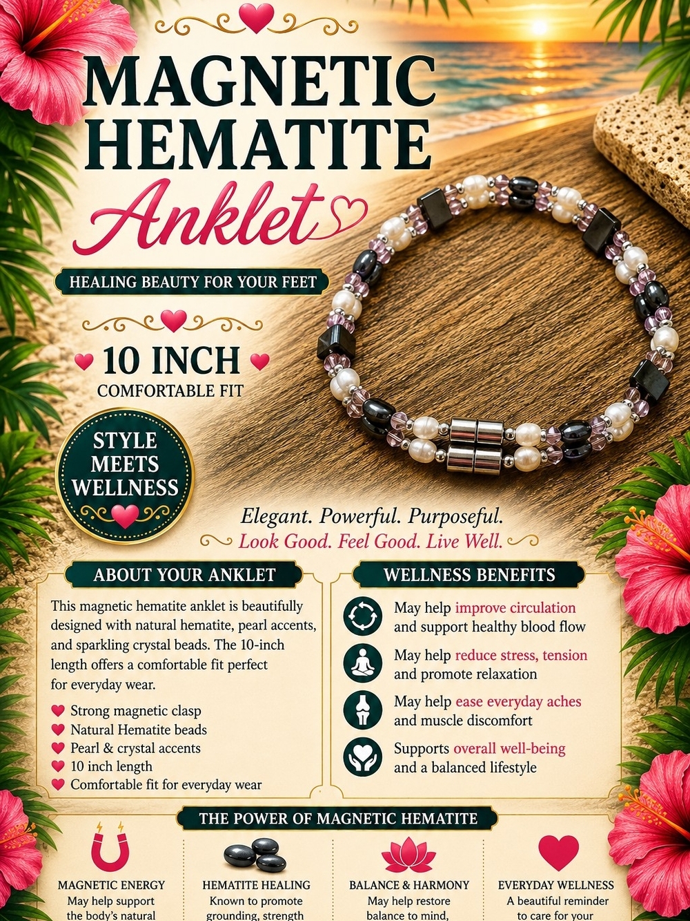 32.  Magnetic Hematite Anklet with Black Hematite & Purple and Pearl Accents